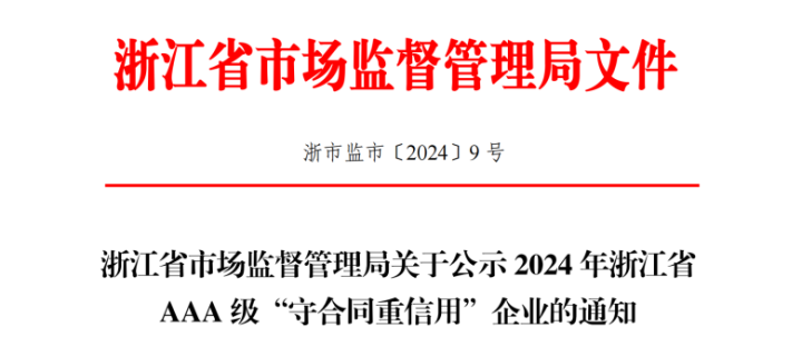 浙江中天建筑裝飾集團有限公司首次獲評浙江省AAA級“守合同重信用”企業